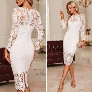New Chic Sheer Embroidered Lace Illusion Bodycon Dress White